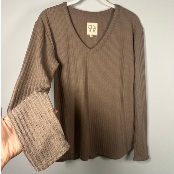 Chaser Brown V-neck Textured Waffle Knit Long Sleeve Top Women's Small - Picture 5 of 9